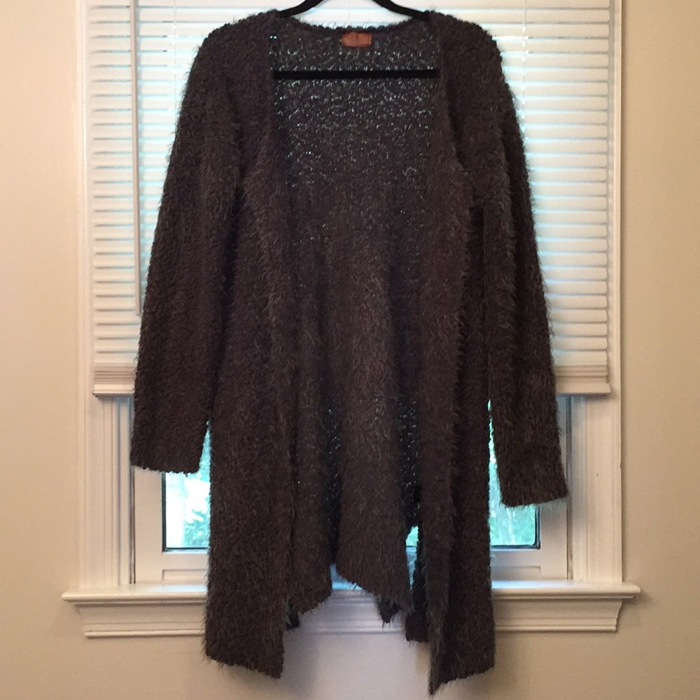 POL Open Fuzzy/Furry Gray Longline Duster Sweater
